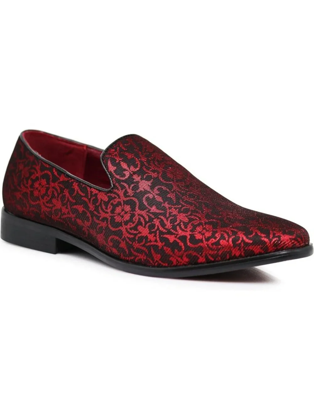 Enzo Romeo Men's Red Vintage Satin Silky Floral Loafer Slip On Tuxedo Shoes